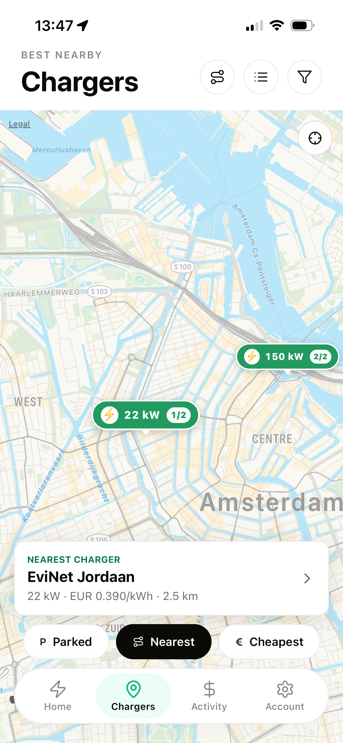 Charger map sorted by nearest