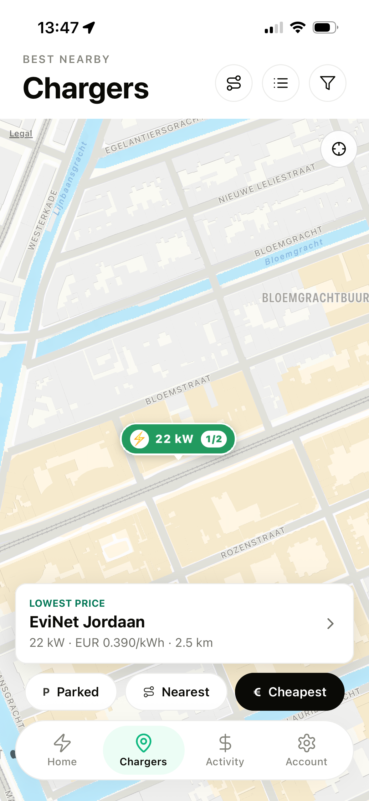 Charger map sorted by cheapest