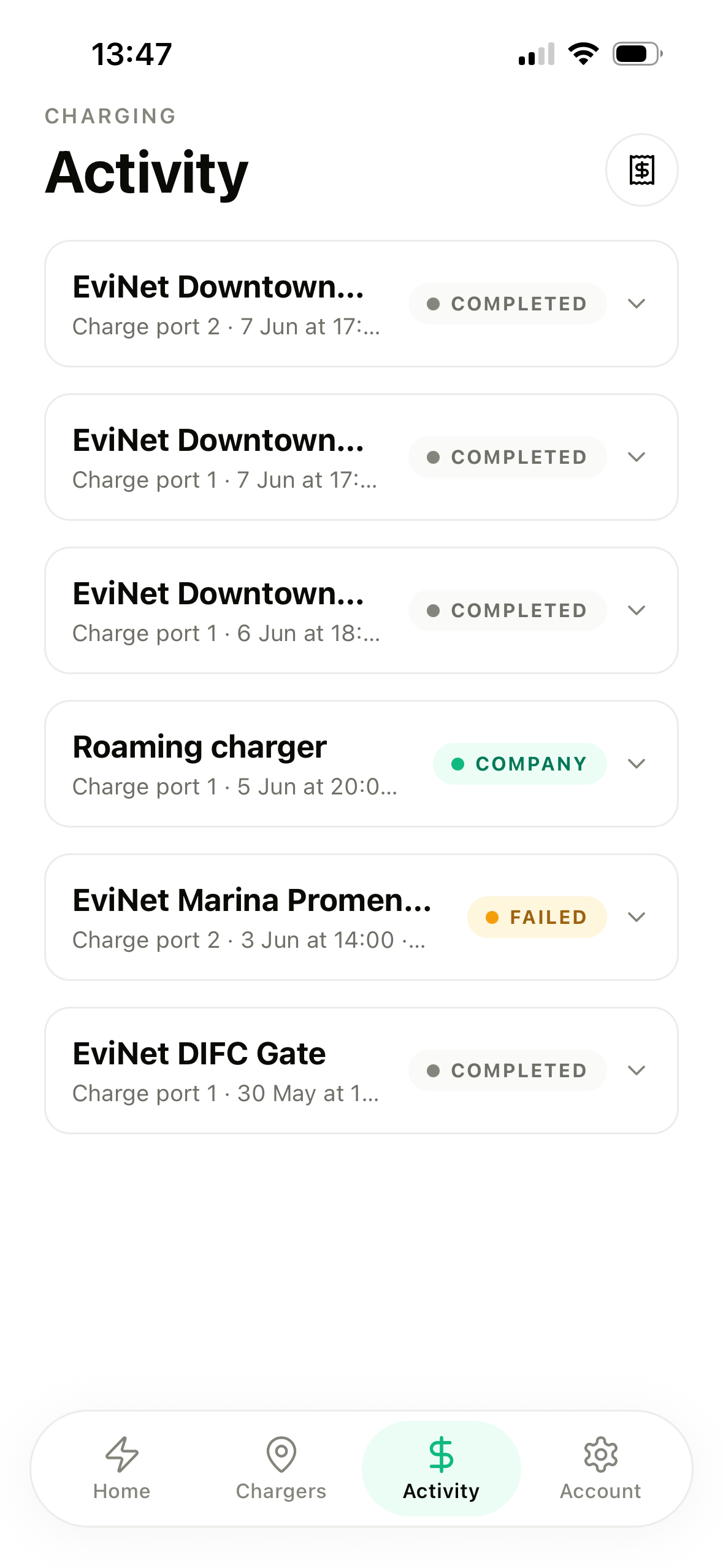 Activity list screen