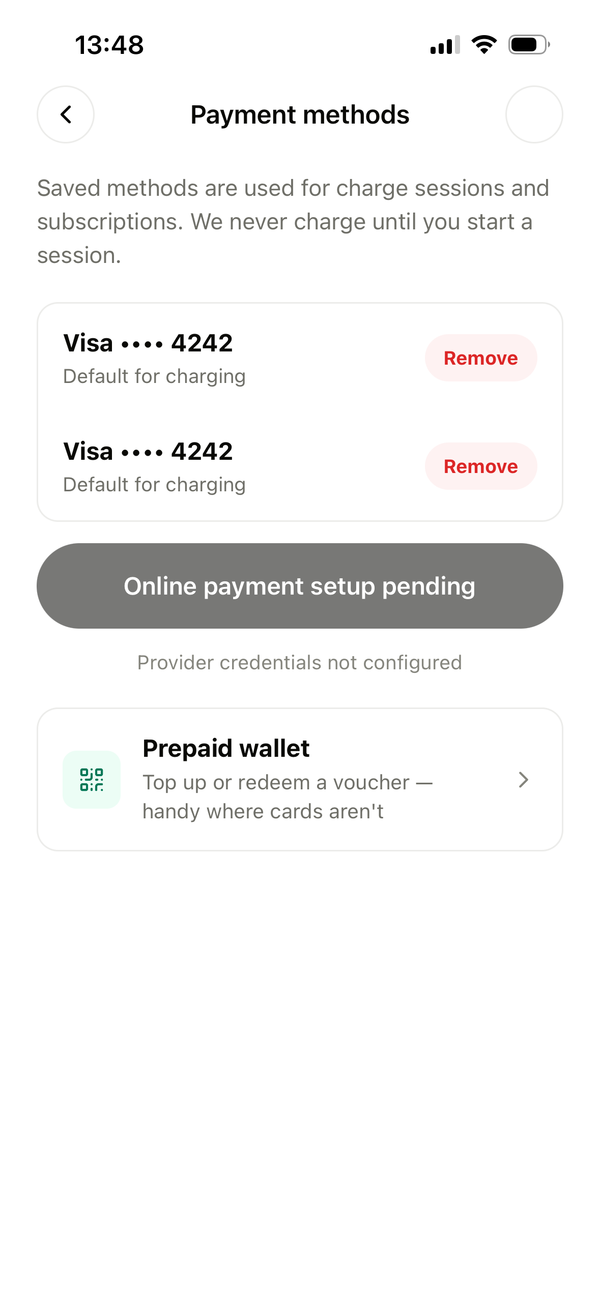 Payment methods screen