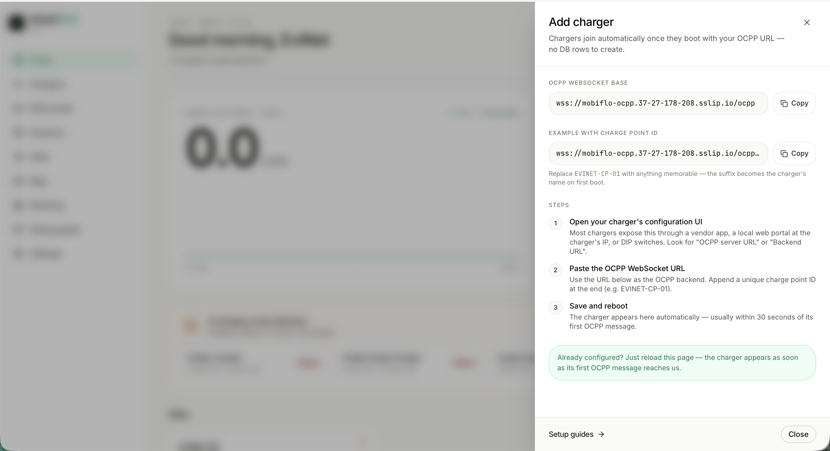 Add charger drawer with OCPP URL