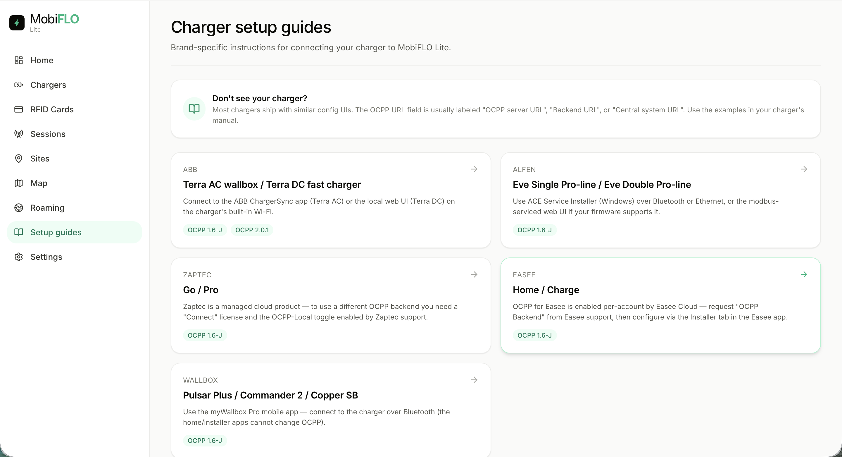 Brand-specific charger setup guides