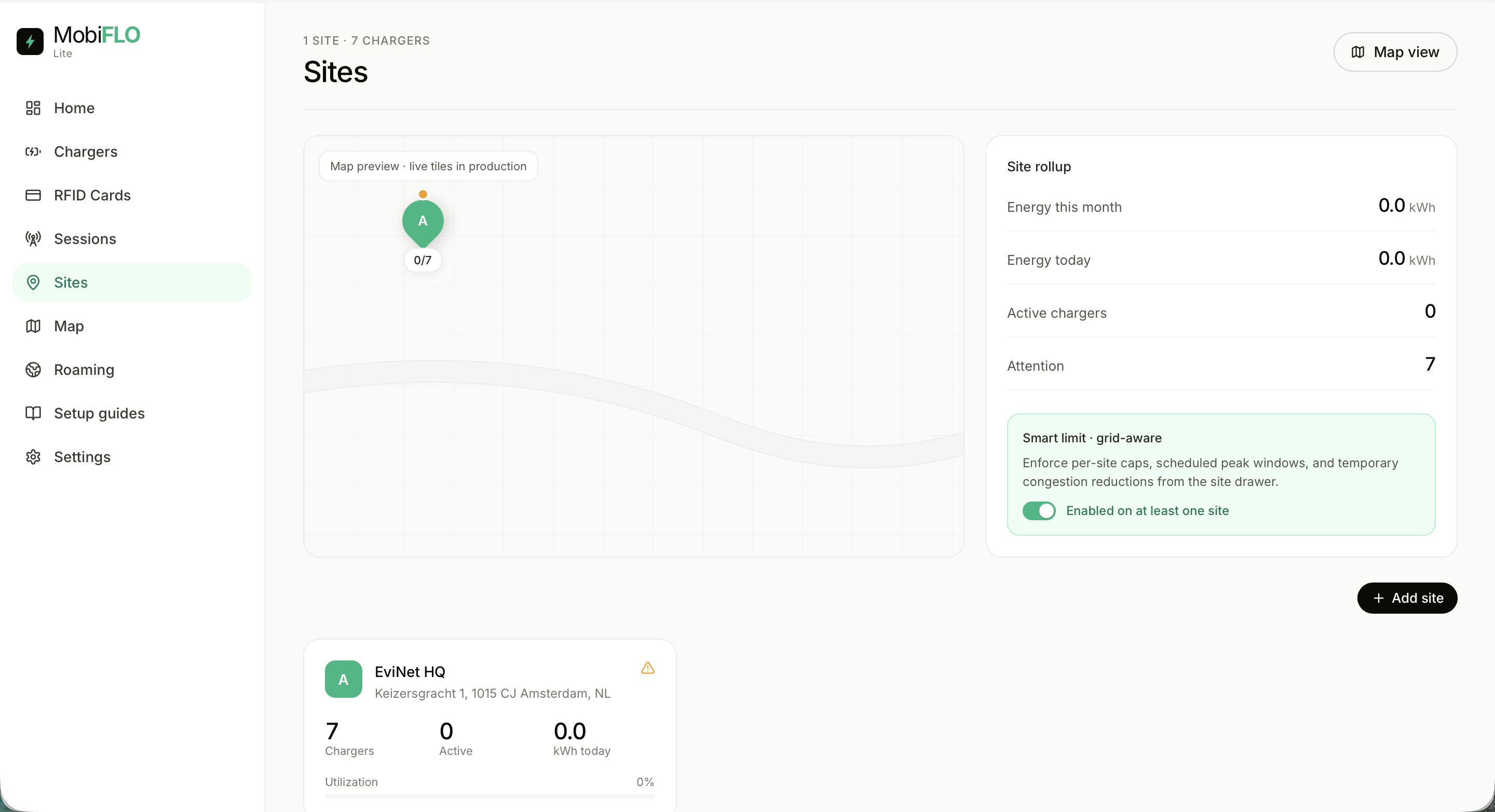 Sites overview with map preview and rollup