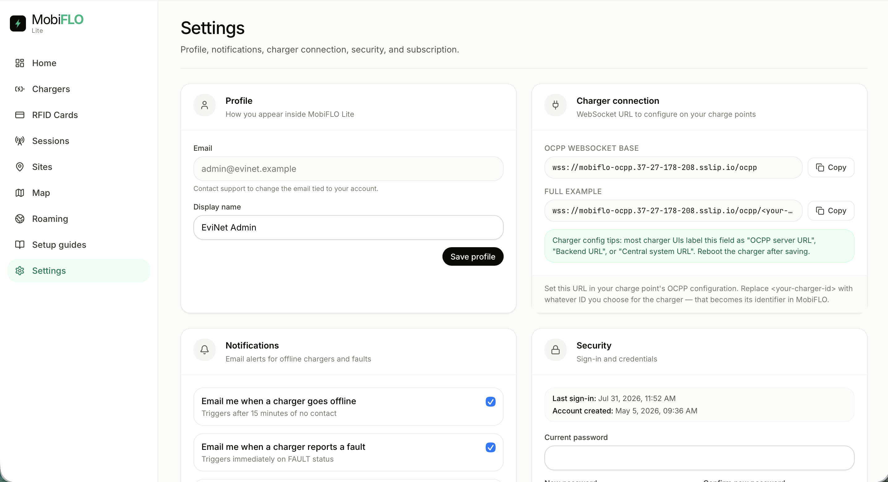 Settings: profile, charger connection, notifications, security