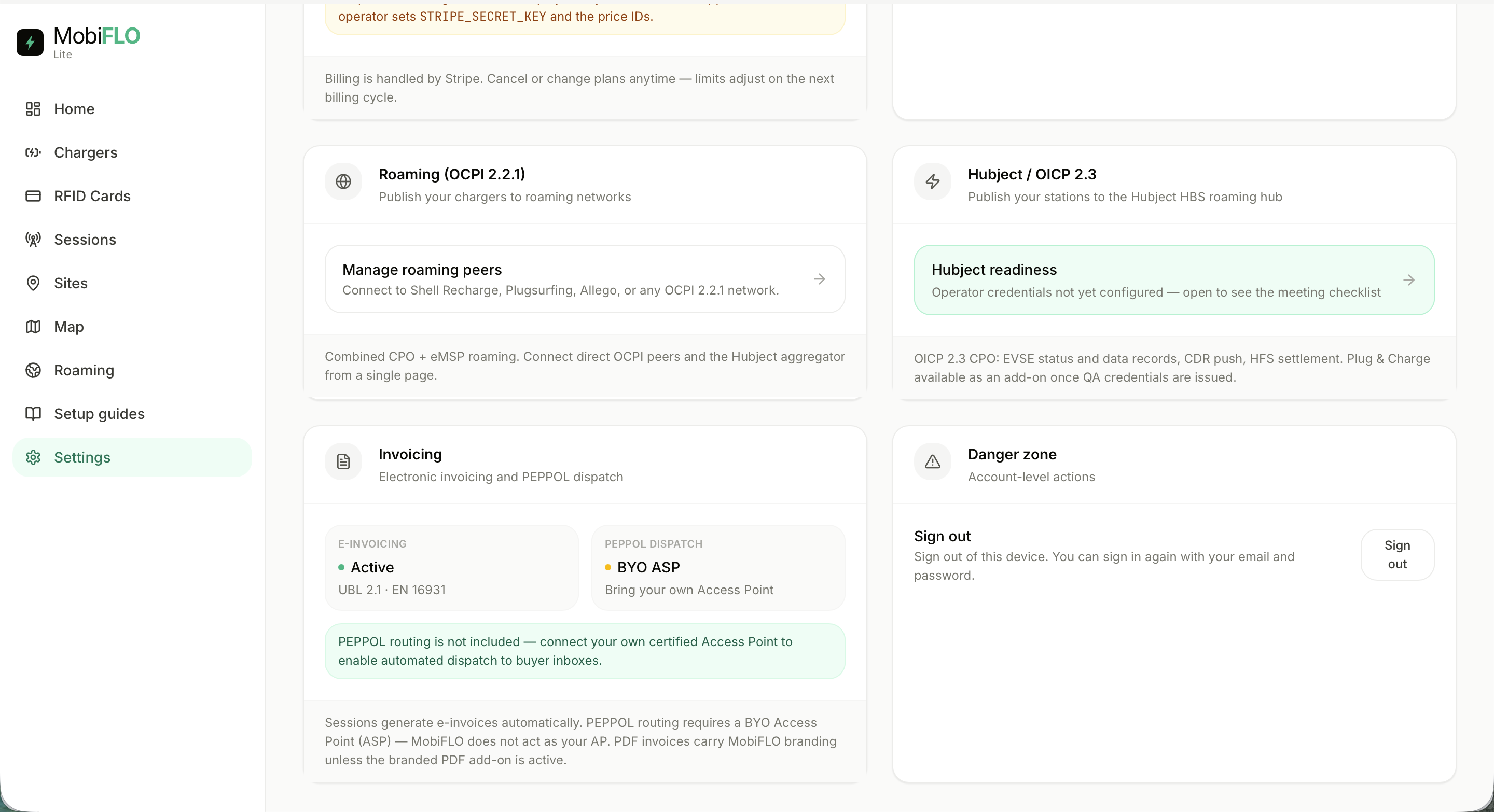 Invoicing, roaming and Hubject settings